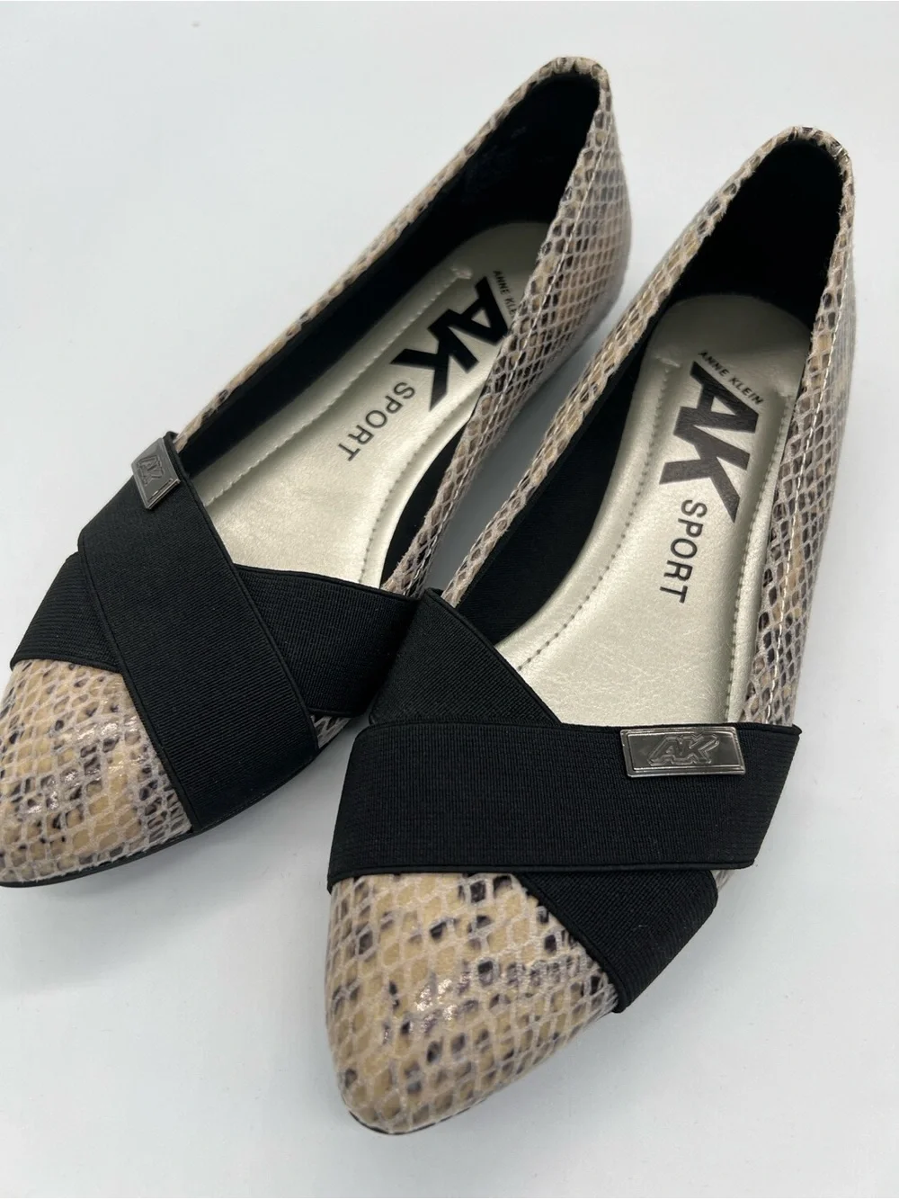 Ann Klein Women's Snake-Print Pointed Toe Flats in Beige and Black